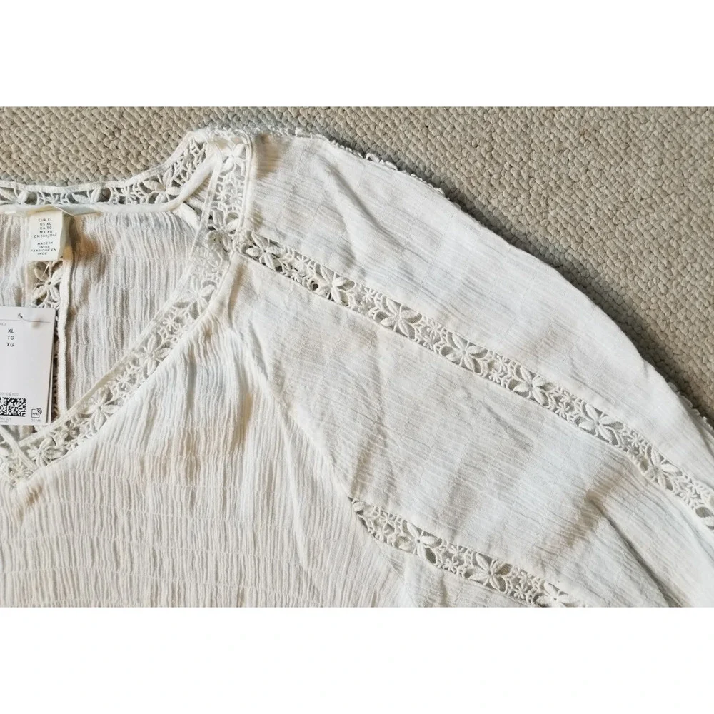 NWT Womens Top-H&M-white gauzy 'Lace-detail Blouse' raglan balloon slv Beachy-XL